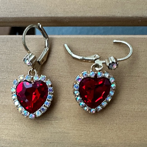 Jewelry - Gold Heart Earrings with Red Gemstone